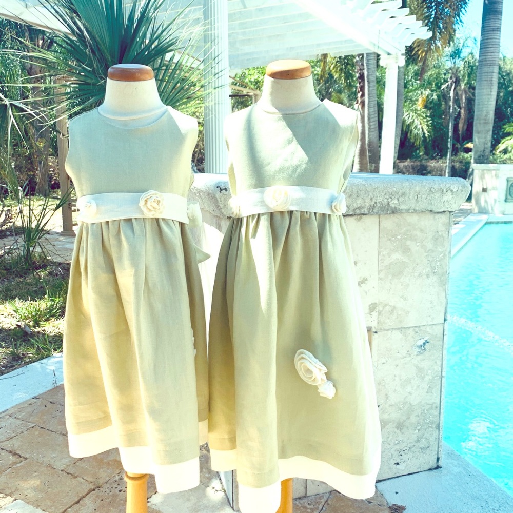 Girls Linen Dress in cream and olive